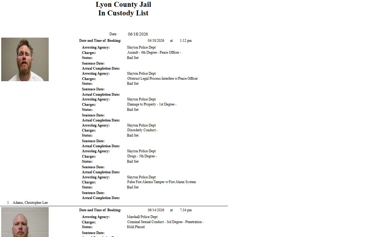 Lyon County Jail roster for Murray County inmate population search